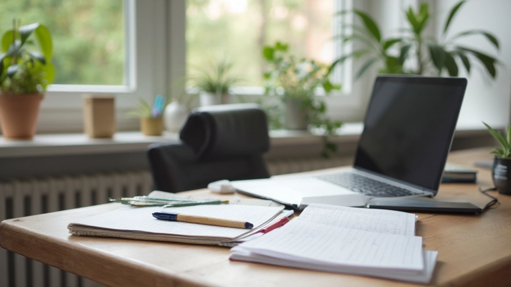 Arbetsbord med bärbara datorer, anteckningsblock och studieverktyg för att organisera studietid och lärmål