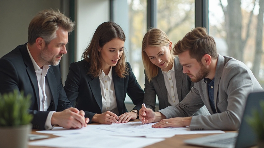 Grupp av människor som arbetar tillsammans och undervisar varandra i ett projekt