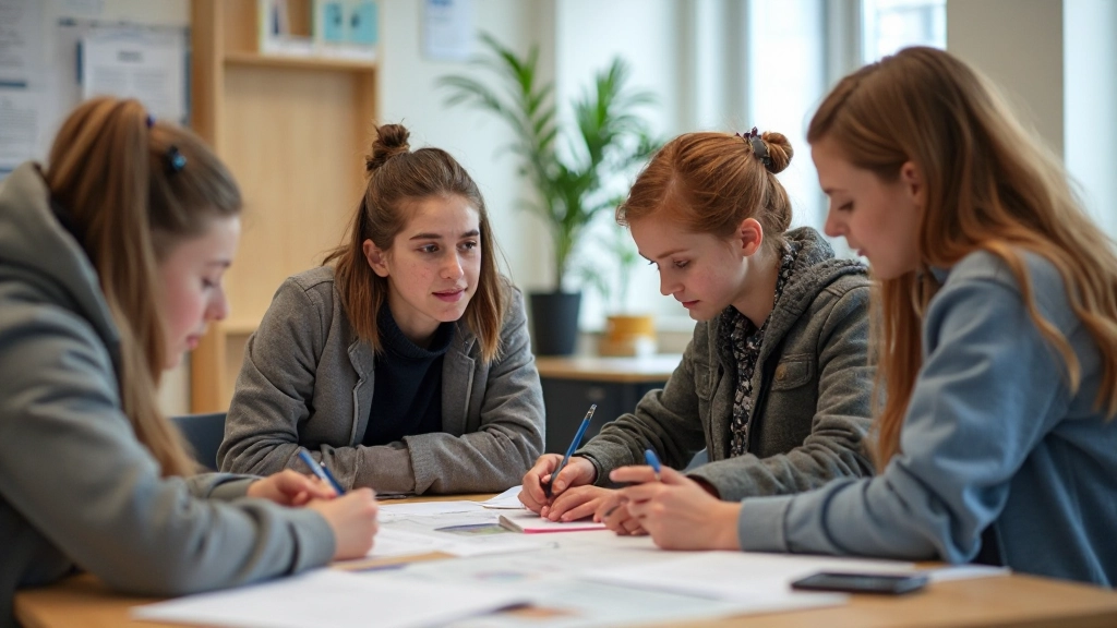Grupp av elever som samarbetar kring ett grupprojekt vid stort bord