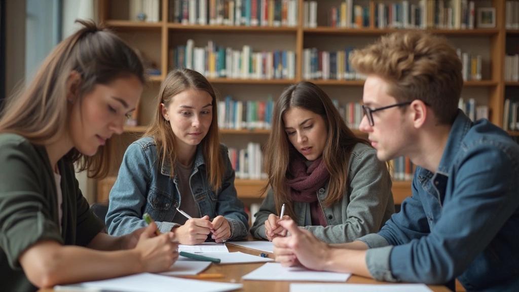 Studentgrupp diskuterar koncept vid gruppbord med anteckningar och läromedel