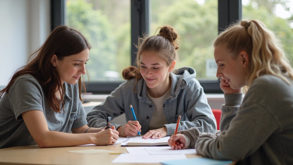 Studenter samarbetar i grupp och diskuterar vid ett klassrumsbord under peer teaching