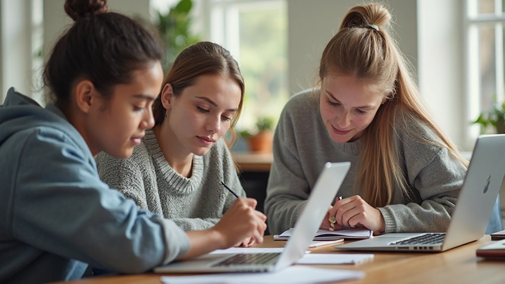 Studentgrupp studerar tillsammans i modernt klassrum med bärbara datorer och anteckningsblock
