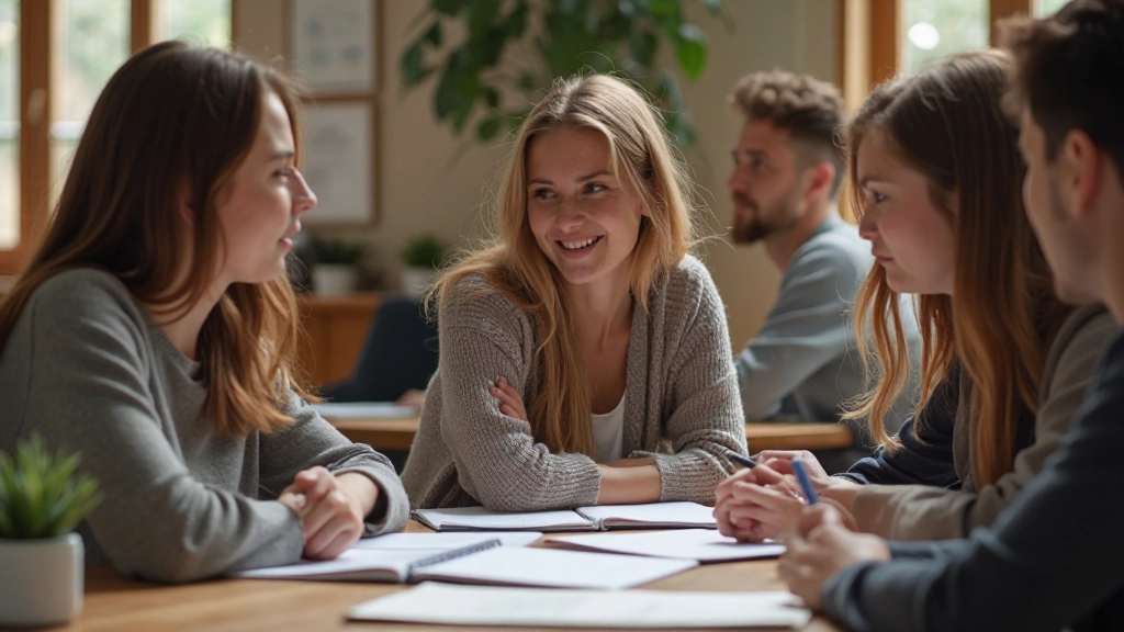 Studentgrupp diskuterar koncept vid gruppbord med anteckningar och läromedel