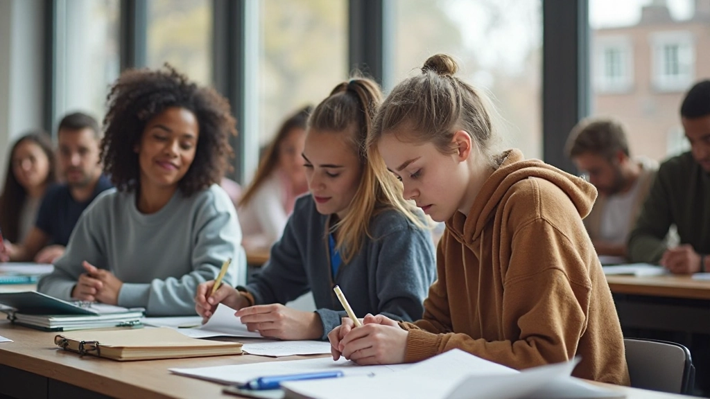 Elever samarbetar aktivt vid ett klassrumsbord med anteckningar och läromaterial