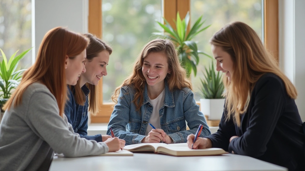 Grupp av studenter arbetar tillsammans vid ett bord med anteckningar och läroböcker