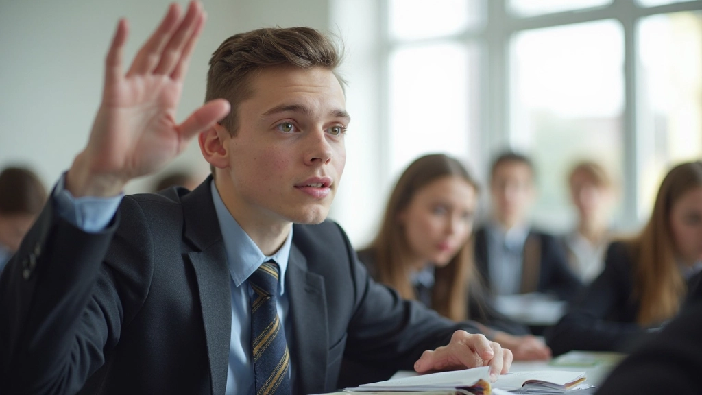 Elev som deltar aktivt i klassrumsdiskussion med upphöjd hand