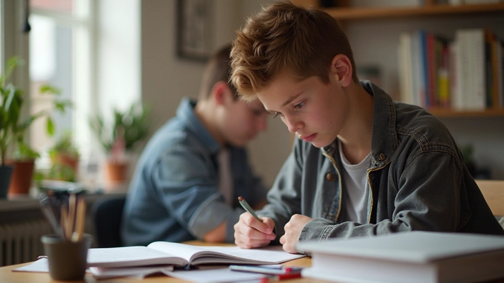 Elev som studerar med anteckningar och böcker på ett skrivbord, fokuserad studerande i hemarbetsmiljö, dagsljus