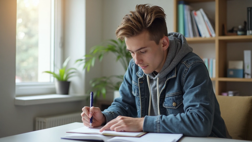 Student som planerar sitt studieschema med kalender och anteckningsbok på arbetsbordet
