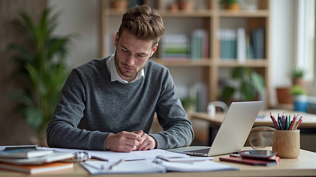 Studerande planerar studieplan med kalender, anteckningsbok och digitala verktyg på skrivbordet