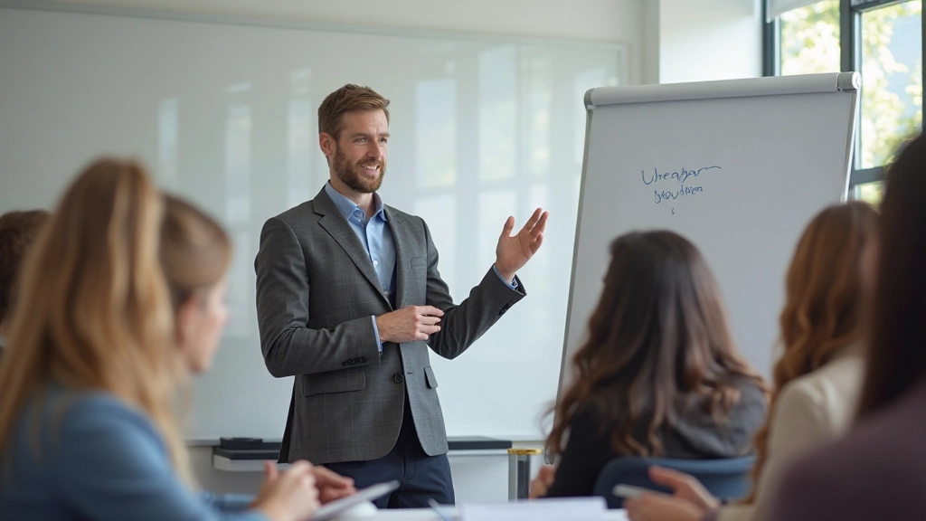 Lärare presenterar med interaktiv whiteboardöversikt för studentgrupp i klassrum
