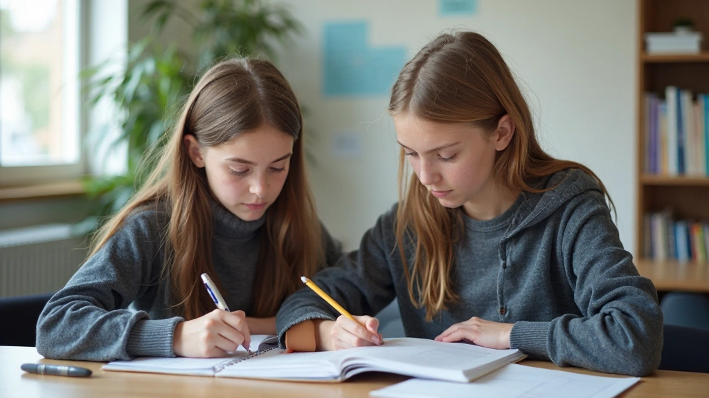 Två elever som samarbetar och diskuterar vid en skrivbord med anteckningar och böcker, modern klassrum, naturlig belysning