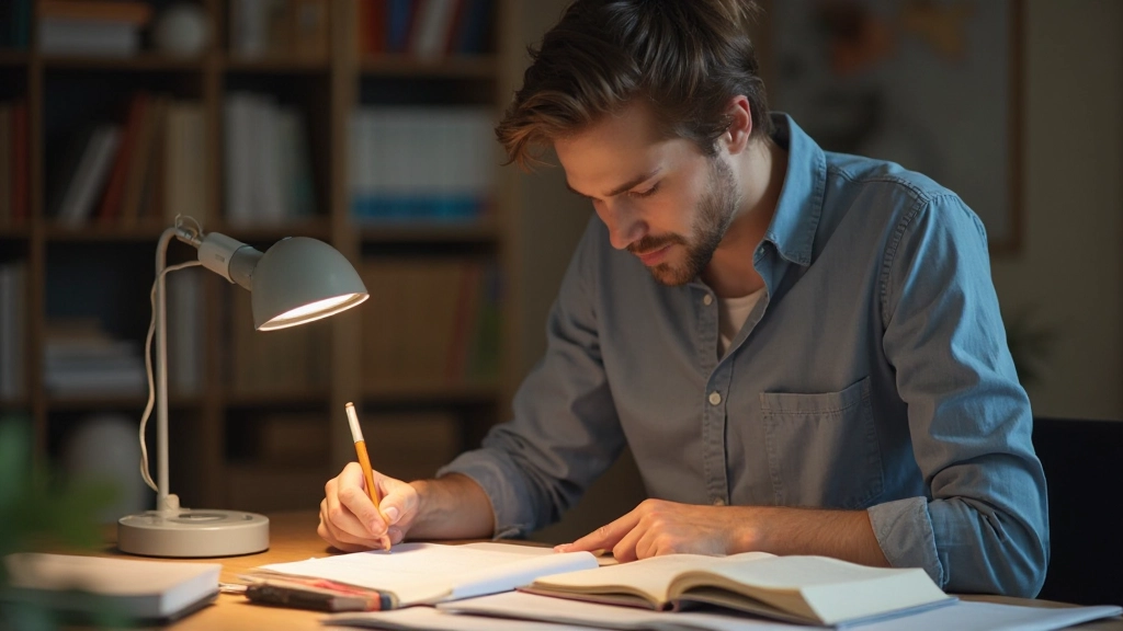 Studerar vid skrivbord med anteckningar och lärobok under fokuserad sessionstudie