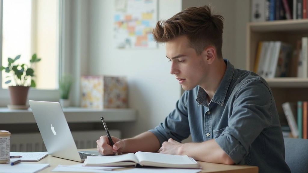 Studerande arbetar med anteckningar och läroböcker vid ett modernt skrivbord